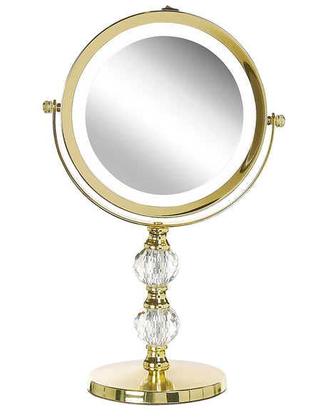 Makeup Mirror Gold Iron Metal Frame  13 cm with LED Light 1x/5x Magnification Double Sided Cosmetic Desktop Beliani