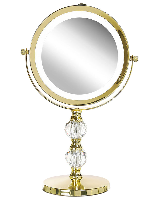 Makeup Mirror Gold Iron Metal Frame  13 cm with LED Light 1x/5x Magnification Double Sided Cosmetic Desktop Beliani