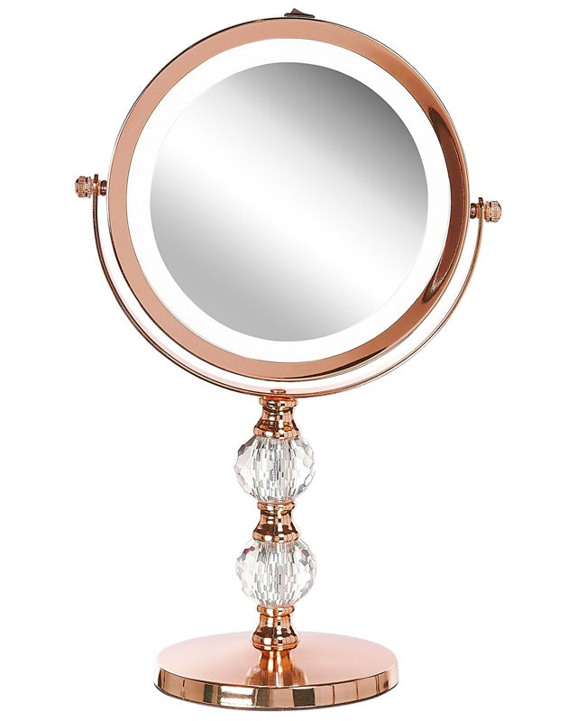 Makeup Mirror Rose Gold Iron Metal Frame ø 13 cm with LED Light 1x/5x Magnification Double Sided Cosmetic Desktop Beliani