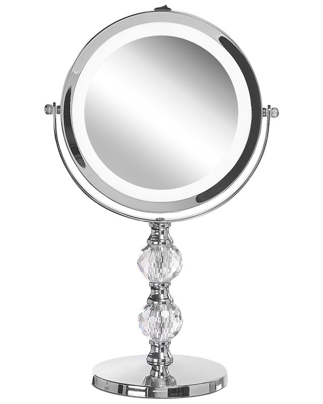 Makeup Mirror Silver Iron Metal Frame ø 13 cm with LED Light 1x/5x Magnification Double Sided Cosmetic Desktop Beliani