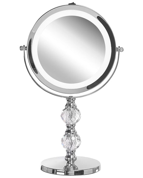 Makeup Mirror Silver Iron Metal Frame  13 cm with LED Light 1x/5x Magnification Double Sided Cosmetic Desktop Beliani