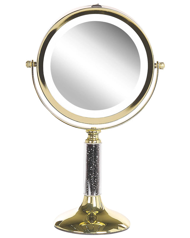 Makeup Mirror Gold Iron Metal Frame  13 cm with LED Light 1x/5x Magnification Double Sided Cosmetic Desktop Beliani
