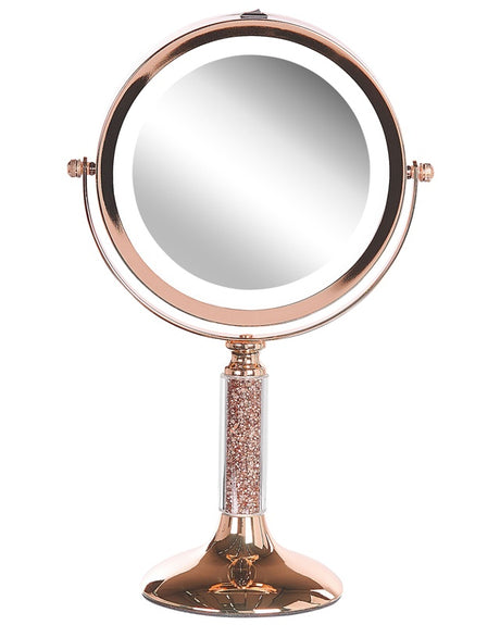 Makeup Mirror Rose Gold Iron Metal Frame ø 13 cm with LED Light 1x/5x Magnification Double Sided Cosmetic Desktop Beliani