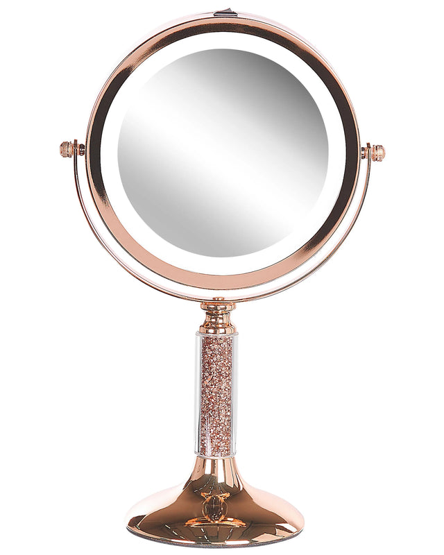 Makeup Mirror Rose Gold Iron Metal Frame  13 cm with LED Light 1x/5x Magnification Double Sided Cosmetic Desktop Beliani