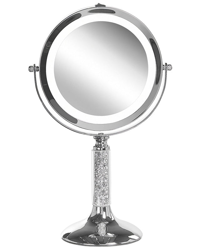 Makeup Mirror Silver Iron Metal Frame ø 13 cm with LED Light 1x/5x Magnification Double Sided Cosmetic Desktop Beliani