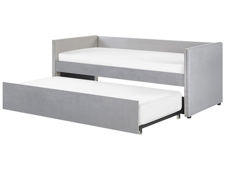 Trundle Bed Light Grey Velvet EU Single Wooden Slats Daybed Glamour Decorative Studs Beliani