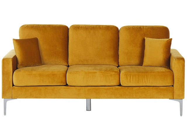 Sofa Yellow Velvet 3 Seater Cushioned Seat and Back Metal Legs with Throw Pillows Beliani