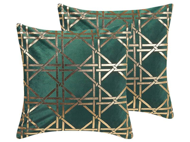 Set of 2 Decorative Cushions Dark Green Diamond Geometric Pattern 45 x 45 cm Gold Foil Print Glamour Decor Accessories Beliani