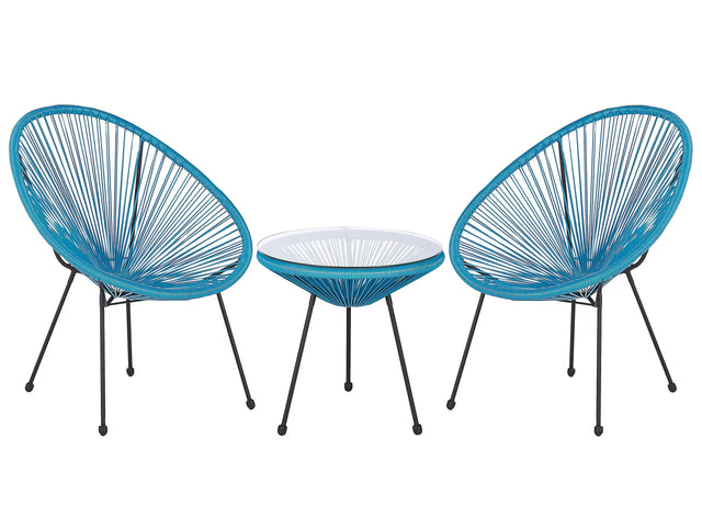 Bistro Set Blue PE Rattan 3 Piece 2 Seater Deep Seat Coffee Table Indoor and Outdoor Modern Furniture Beliani