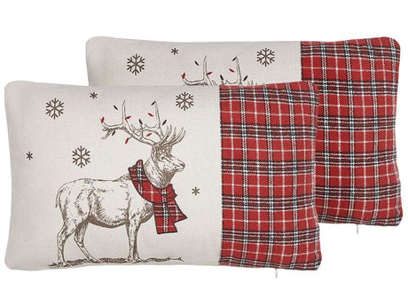 Set of 2 Scatter Cushions Red Polyester Fabric 30 x 50 cm Reindeer Print Off-White Background with Filing Beliani