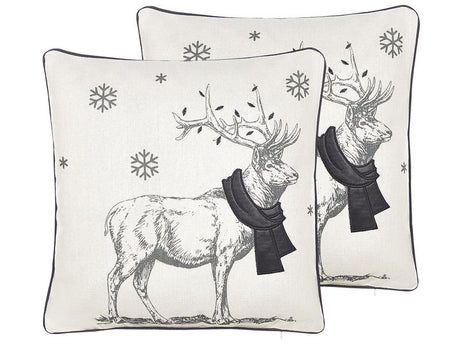 Set of 2 Scatter Cushions Black Polyester Fabric 45 x 45 cm Reindeer Print Off-White Background with Filing Beliani