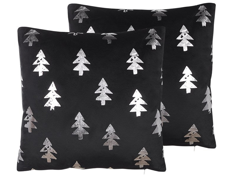 Set of 2 Scatter Cushions Black Velvet Fabric 45 x 45 cm Christmas Tree Pattern Zippered Cases  Beliani