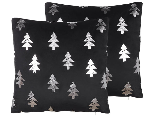 Set of 2 Scatter Cushions Black Velvet Fabric 45 x 45 cm Christmas Tree Pattern Zippered Cases  Beliani