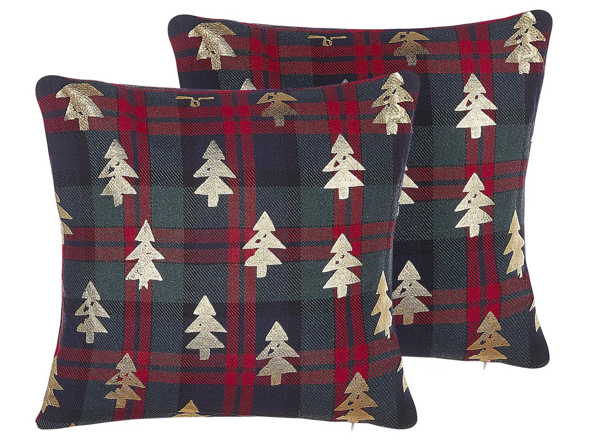Set of 2 Scatter Cushions Green and Red Polyester Fabric 45 x 45 cm Christmas Tree Pattern Zippered Cases  Beliani