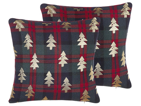Set of 2 Scatter Cushions Green and Red Polyester Fabric 45 x 45 cm Christmas Tree Pattern Zippered Cases  Beliani