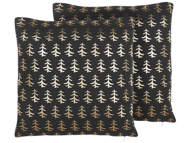 Set of 2 Cushions Black Cotton 45 x 45 cm Gold Foil Christmas Tree Pattern with Filling Beliani