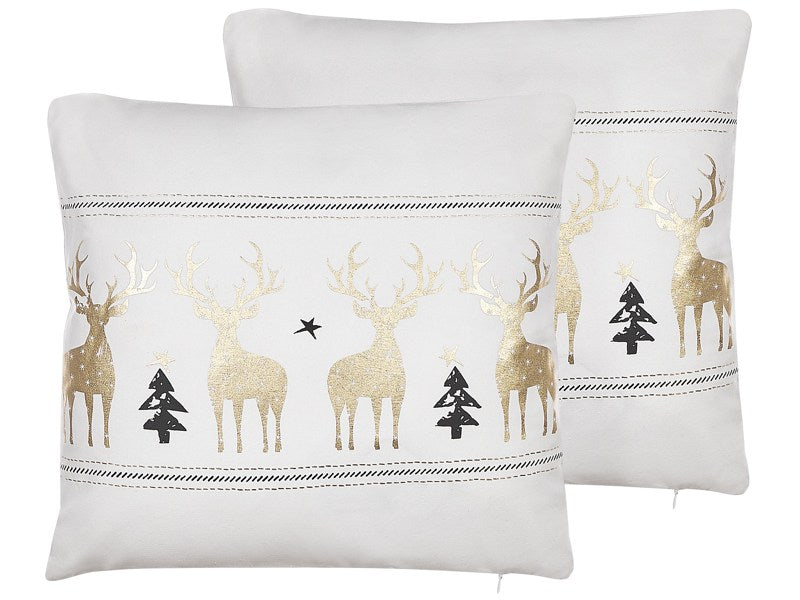 Set of 2 Scatter Cushions Off-White Cotton 45 x 45 cm Gold Foil Print Reindeer Christmas Beliani