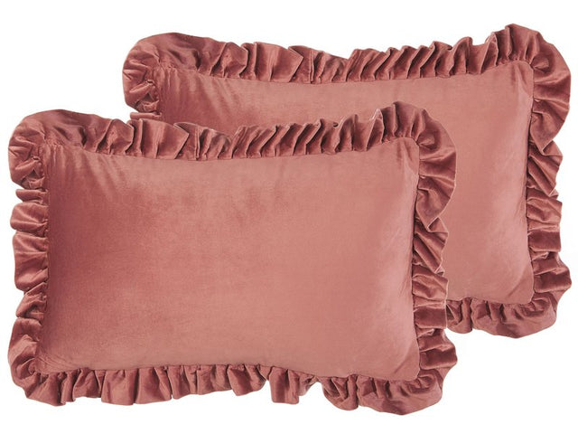 Set of 2 Scatter Cushions Pink Velvet 30 x 50 cm with Ruffles Chair Cushion Glam Retro Beliani