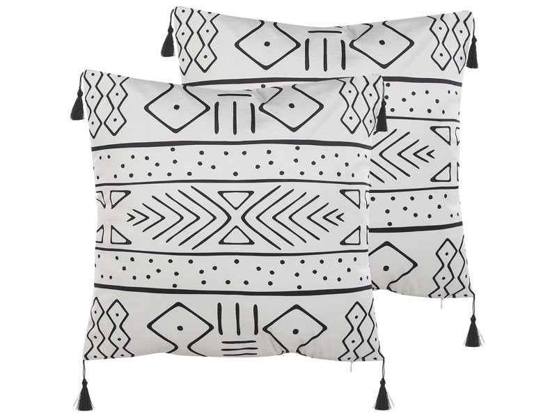 Set of 2 Cushions White and Black Polyester Cover 45 x 45 cm Decorative Pillows Geometric Pattern Beliani