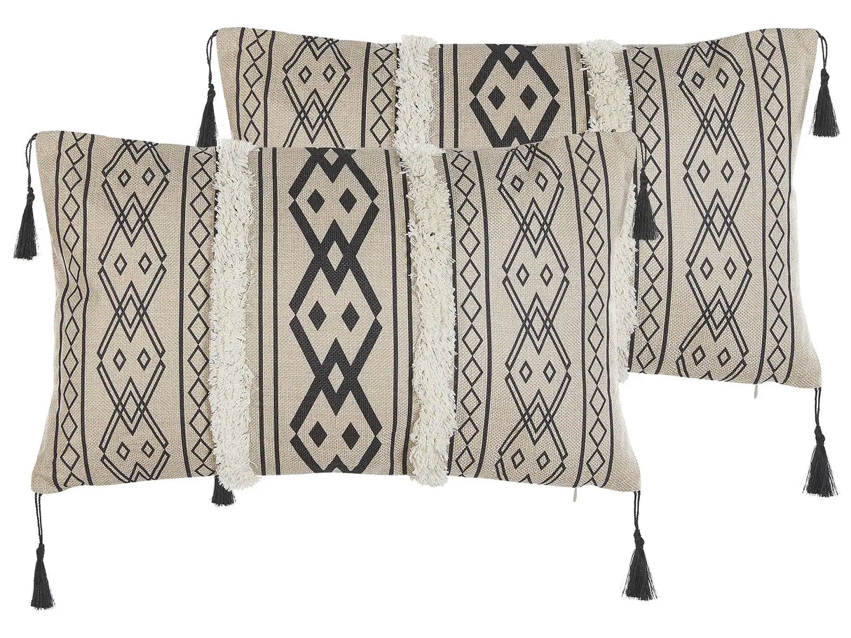 Set of 2 Cushions Beige and Black Polyester Cover 30 x 50 cm Decorative Pillows Geometric Pattern Beliani