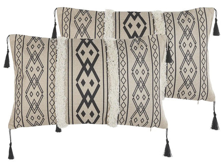 Set of 2 Cushions Beige and Black Polyester Cover 30 x 50 cm Decorative Pillows Geometric Pattern Beliani