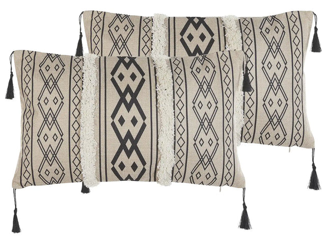 Set of 2 Cushions Beige and Black Polyester Cover 30 x 50 cm Decorative Pillows Geometric Pattern Beliani