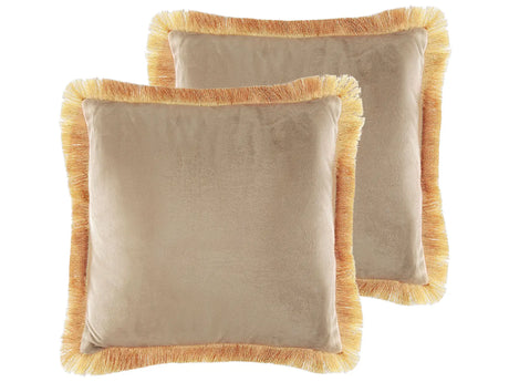 Set of 2 Cushions Beige Velvet Cover 45 x 45 cm Decorative Pillows Living Room Decor Beliani