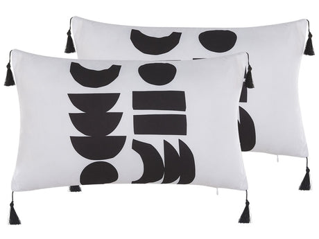 Set of 2 Cushions White and Black Polyester Cover 30 x 50 cm Decorative Pillows Geometric Pattern Beliani