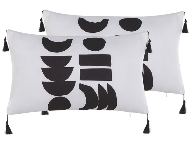 Set of 2 Cushions White and Black Polyester Cover 30 x 50 cm Decorative Pillows Geometric Pattern Beliani