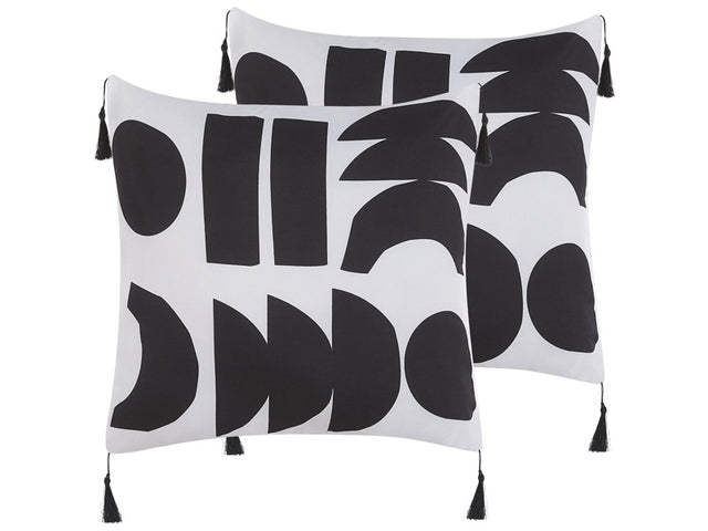 Set of 2 Cushions White and Black Polyester Cover 45 x 45 cm Decorative Pillows Geometric Pattern Beliani