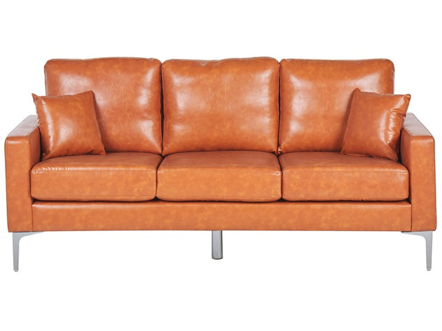 Sofa Brown Faux Leather 3 Seater Cushioned Seat and Back Metal Legs with Throw Pillows Beliani