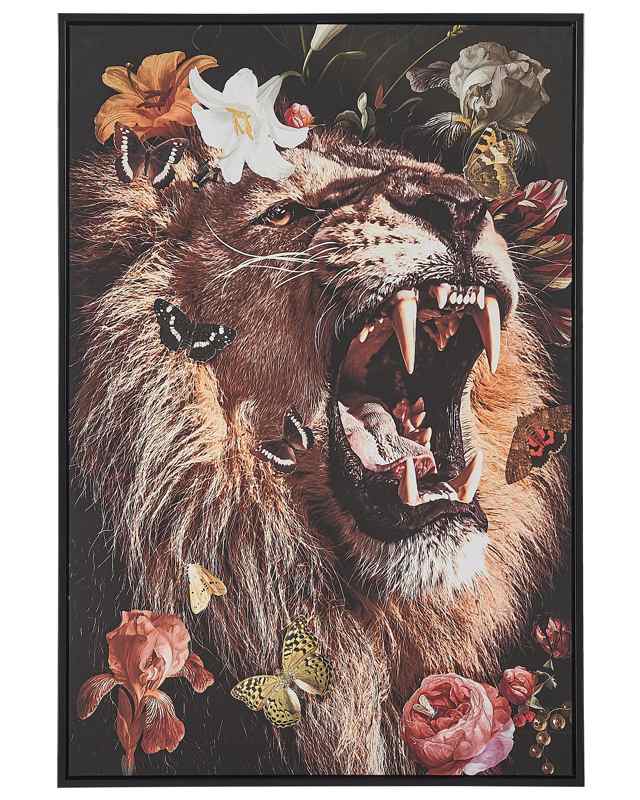 Framed Canvas Wall Art Multicolour 63 x 93 cm Lion Print Animal Floral Motif Modern Boho Wall Décor for Living Room Bedroom Beliani