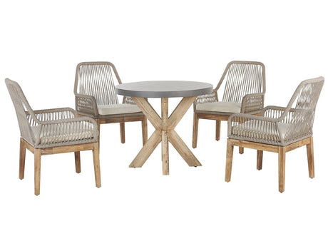 Outdoor Dining Set Grey Light Wood Fibre Cement For 4 People Round Table with Beige Chairs Modern Design Beliani