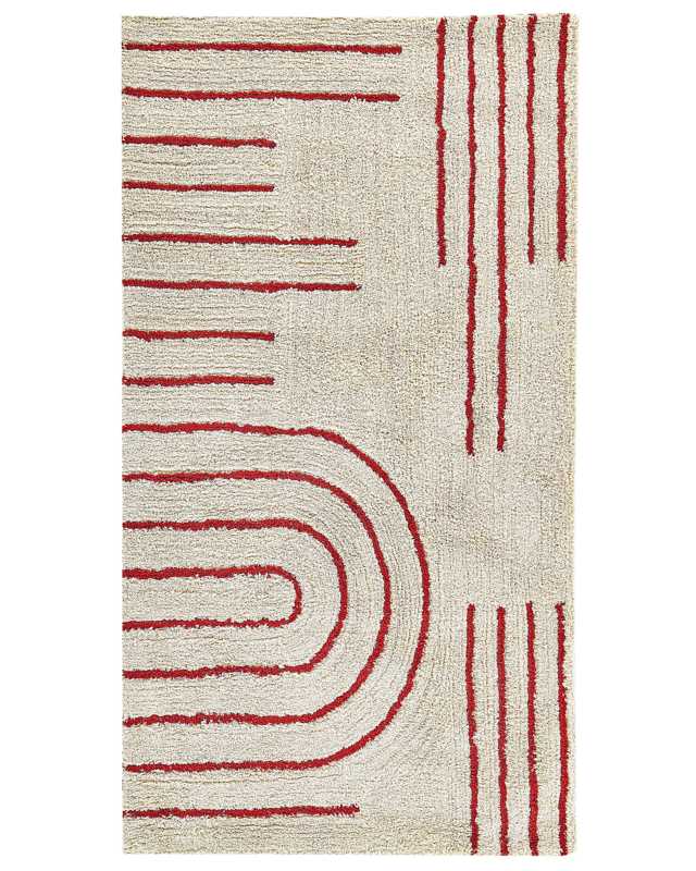 Area Rug Beige and Red Cotton 80 x 150 cm Scandinavian Minimalist Pattern Rectangular Beliani