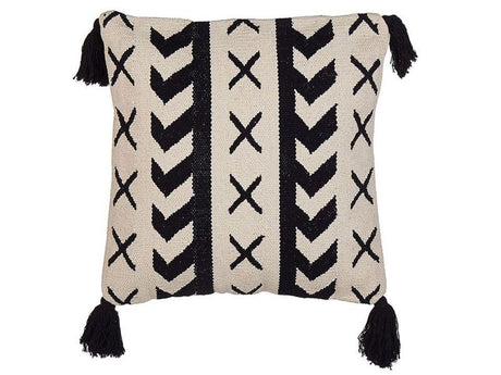 Scatter Cushion Beige and Black Cotton 45 x 45 cm Geometric Pattern Tassels Handwoven Removable Covers Beliani