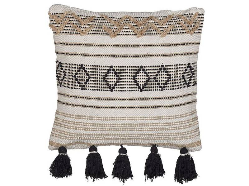 Scatter Cushion Beige and Black Cotton 45 x 45 cm Geometric Pattern Tassels Handwoven Removable Covers with Filling Beliani