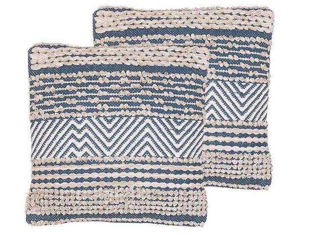 Set of 2 Scatter Cushions Beige and Blue Cotton 45 x 45 cm Geometric Pattern Handwoven Removable Covers with Filling Boho Style Beliani