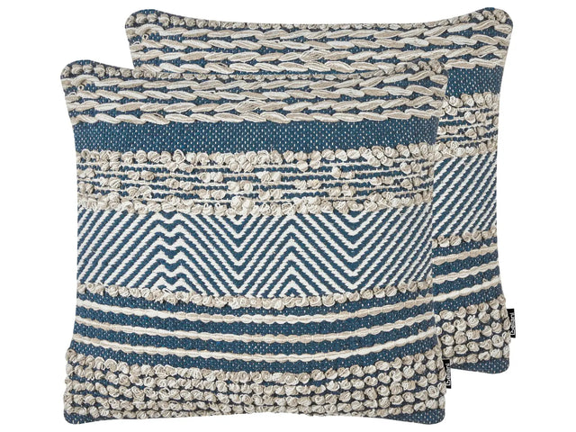 Set of 2 Scatter Cushions Beige and Blue Cotton 45 x 45 cm Geometric Pattern Handwoven Removable Covers with Filling Boho Style Beliani