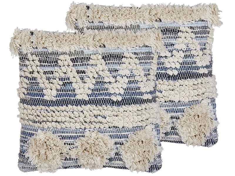 Set of 2 Scatter Cushions Beige and Blue Cotton 45 x 45 cm Geometric Pattern Handwoven Removable Covers with Filling Boho Style Beliani