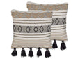 Set of 2 Scatter Cushions Beige and Black Cotton 45 x 45 cm Geometric Pattern Tassels Handwoven Removable Covers Beliani