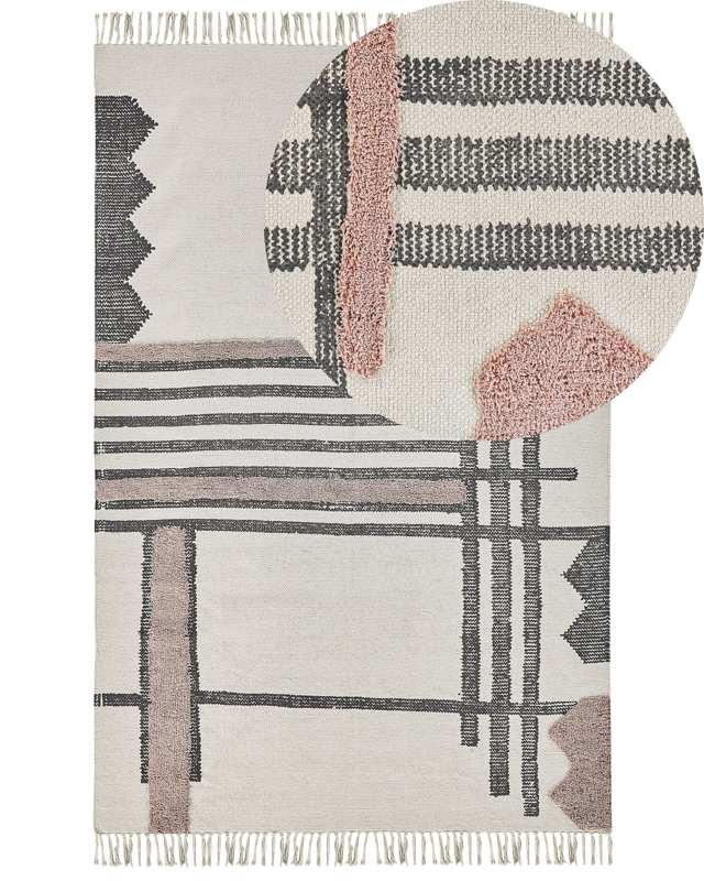 Area Rug Beige and Black Cotton 160 x 230 cm Scandinavian Pattern Handwoven Fringe Rectangular Living Room Beliani