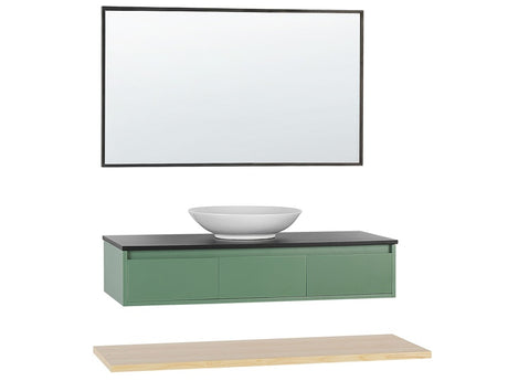 4 Piece Bathroom Furniture Set Green and Light Wood MDF with Ceramic Basin Wall Mount Vanity Cabinet with Mirror Beliani