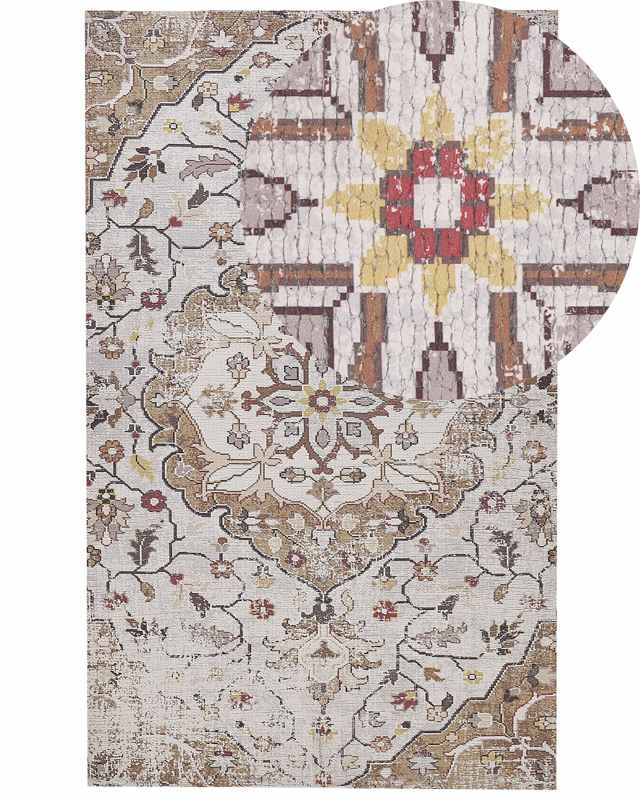 Area Rug Beige and Brown Polyester and Cotton 150 x 230 cm Handwoven Printed Floral Distressed Oriental Pattern  Beliani