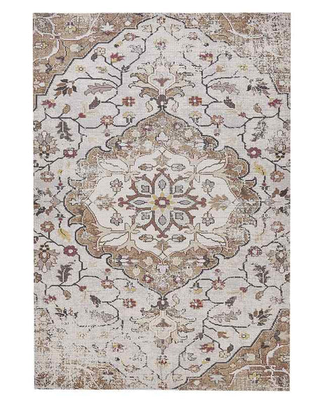 Area Rug Beige and Brown Polyester and Cotton 140 x 200 cm Handwoven Printed Floral Distressed Oriental Pattern  Beliani