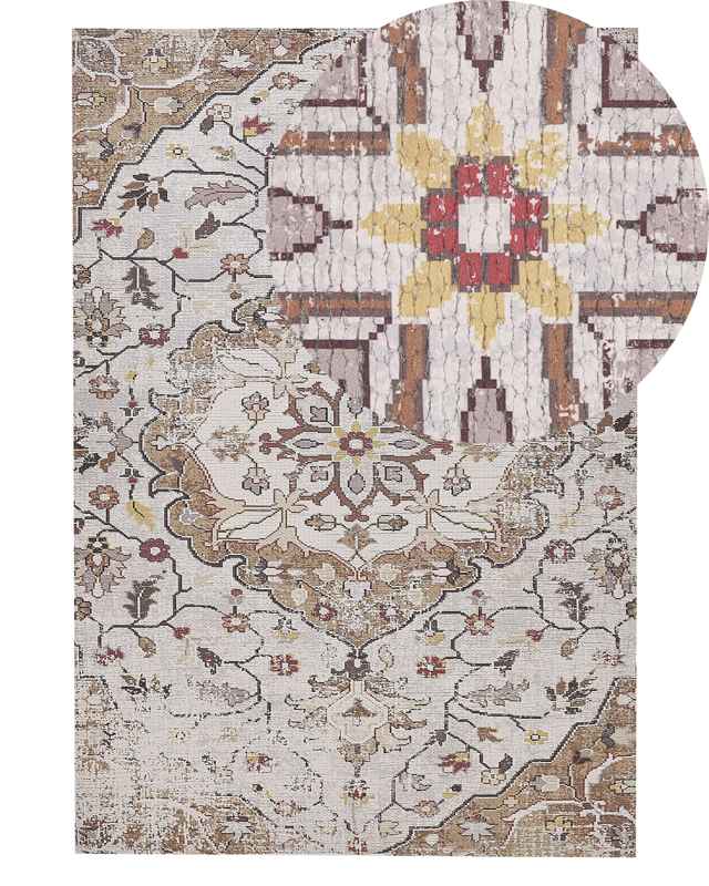 Area Rug Beige and Brown Polyester and Cotton 140 x 200 cm Handwoven Printed Floral Distressed Oriental Pattern  Beliani