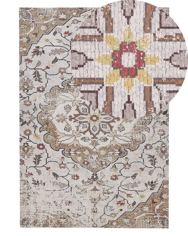 Area Rug Beige and Brown Polyester and Cotton 140 x 200 cm Handwoven Printed Floral Distressed Oriental Pattern  Beliani