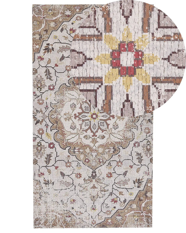 Area Rug Beige and Brown 80 x 150 cm Polyester and Cotton Handwoven Printed Floral Distressed Oriental Pattern Beliani