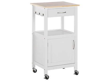 Kitchen Trolley White and Light Wood Top MDF 48 x 39 x 89 cm Cabinet Towel Rack Cutlery Drawer Casters Beliani