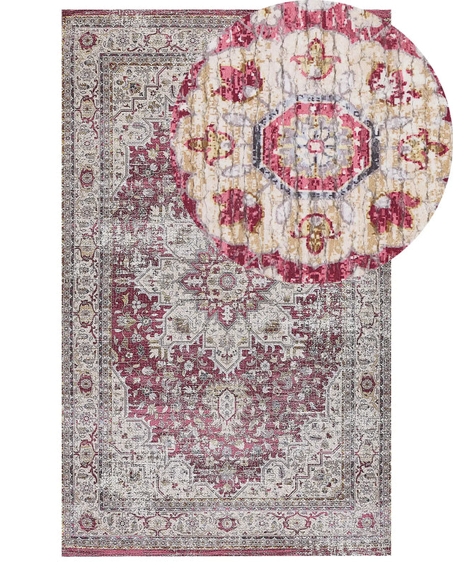 Area Rug Red and Beige Polyester and Cotton 150 x 230 cm Oriental Distressed Living Room Bedroom Beliani
