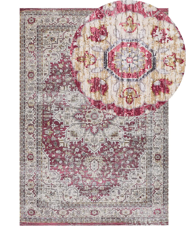 Area Rug Red and Beige Polyester and Cotton 140 x 200 cm Oriental Distressed Living Room Bedroom Beliani